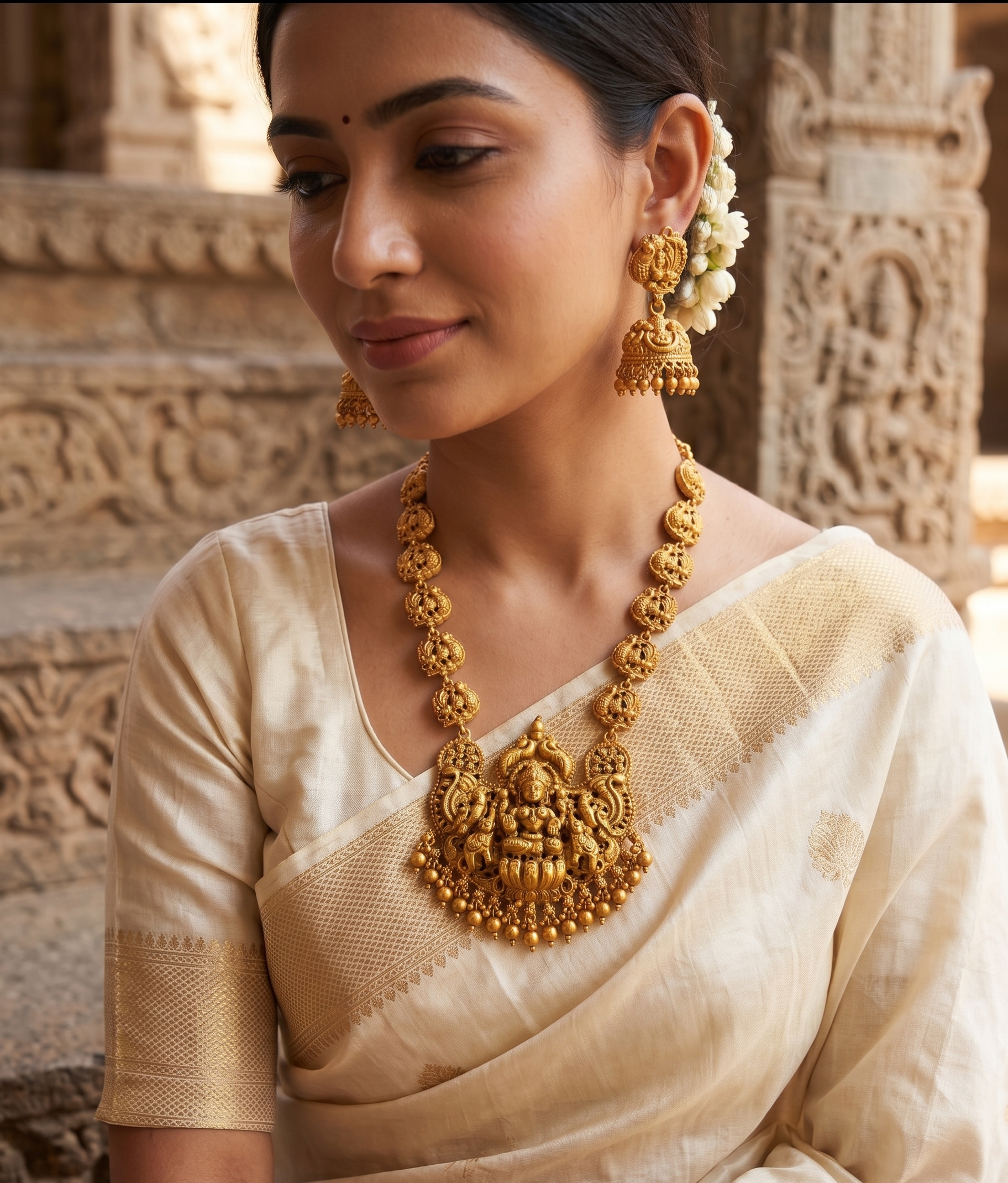 Siddheshwari long temple necklace set | Antique Golden Temple Jewellery Lakshmi Long Haram Necklace Set with Jhumka Earrings, Traditional Bridal