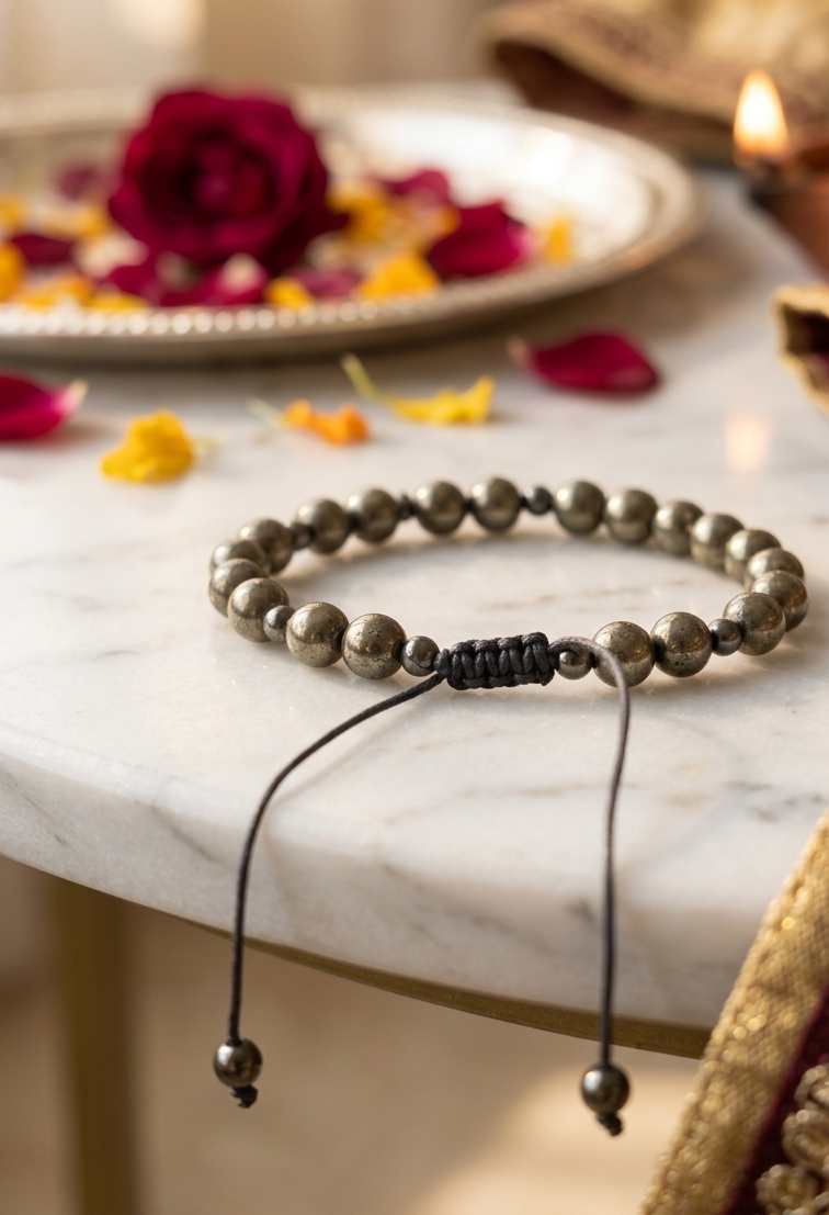 TNT Pyrite Beaded Bhai and Bhabhi Rakhi abd Bracelet Set with Adjustable Cord, Set of 2, Couple rakhi with original pyrite crystal beads