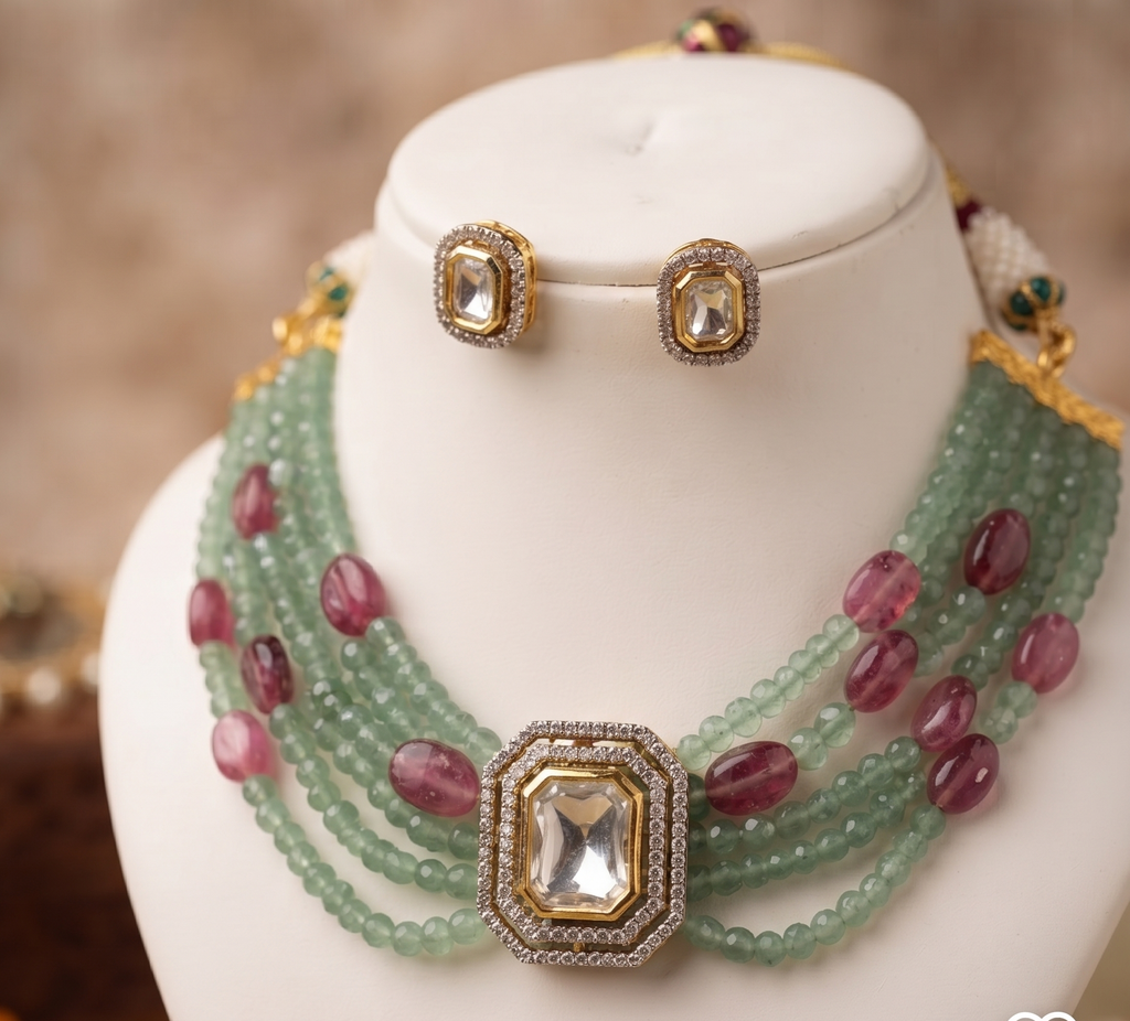 Elegant Green & Ruby Multi-Strand Necklace