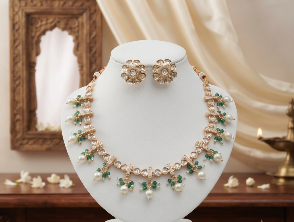 Elegant Green Beaded Kundan Necklace Set with Pearl Drops