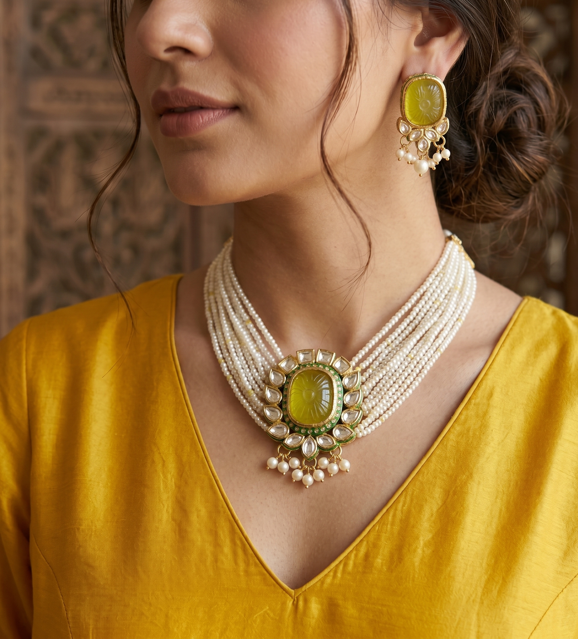 Chandni pearl choker set with yellow centre stone