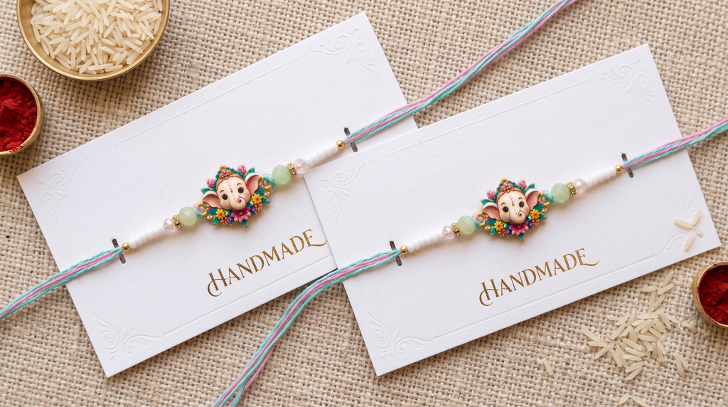 Handmade Ganpati Rakhi for Brother & Kids - Designer Ganesha Pearl Thread for All Age Groups (Bhaiya, Toddlers & Adults) with Premium Mint Beads