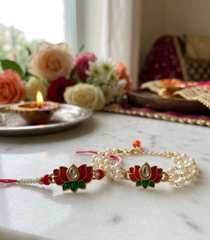 Lotus Rakhi and Lumba Set, Kundan Meenakari with Pearl Chain, Couple rakhi set for bhai and bhabhi