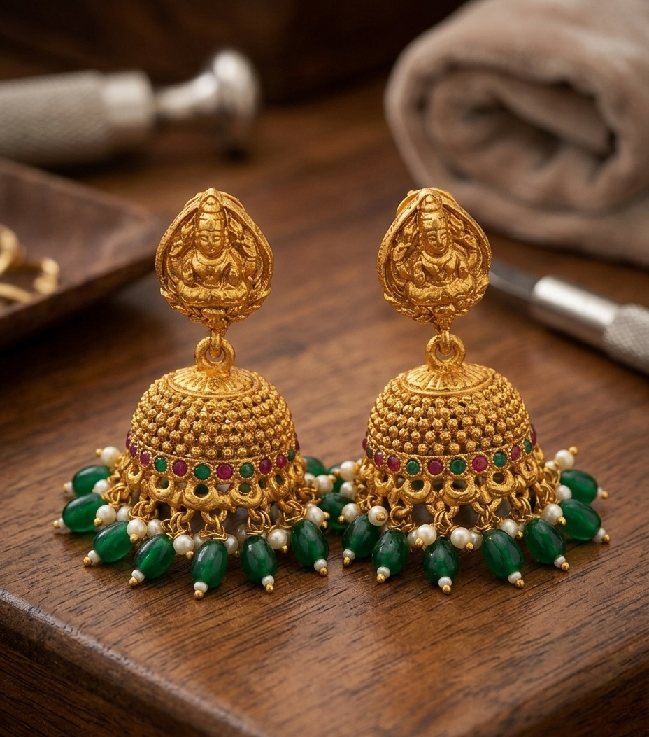 Aishwarya bridal set- Temple jewellery Lakshmi Choker Necklace Set with Jhumka Earrings, Gold Tone, Green Beads and Pearl Drops