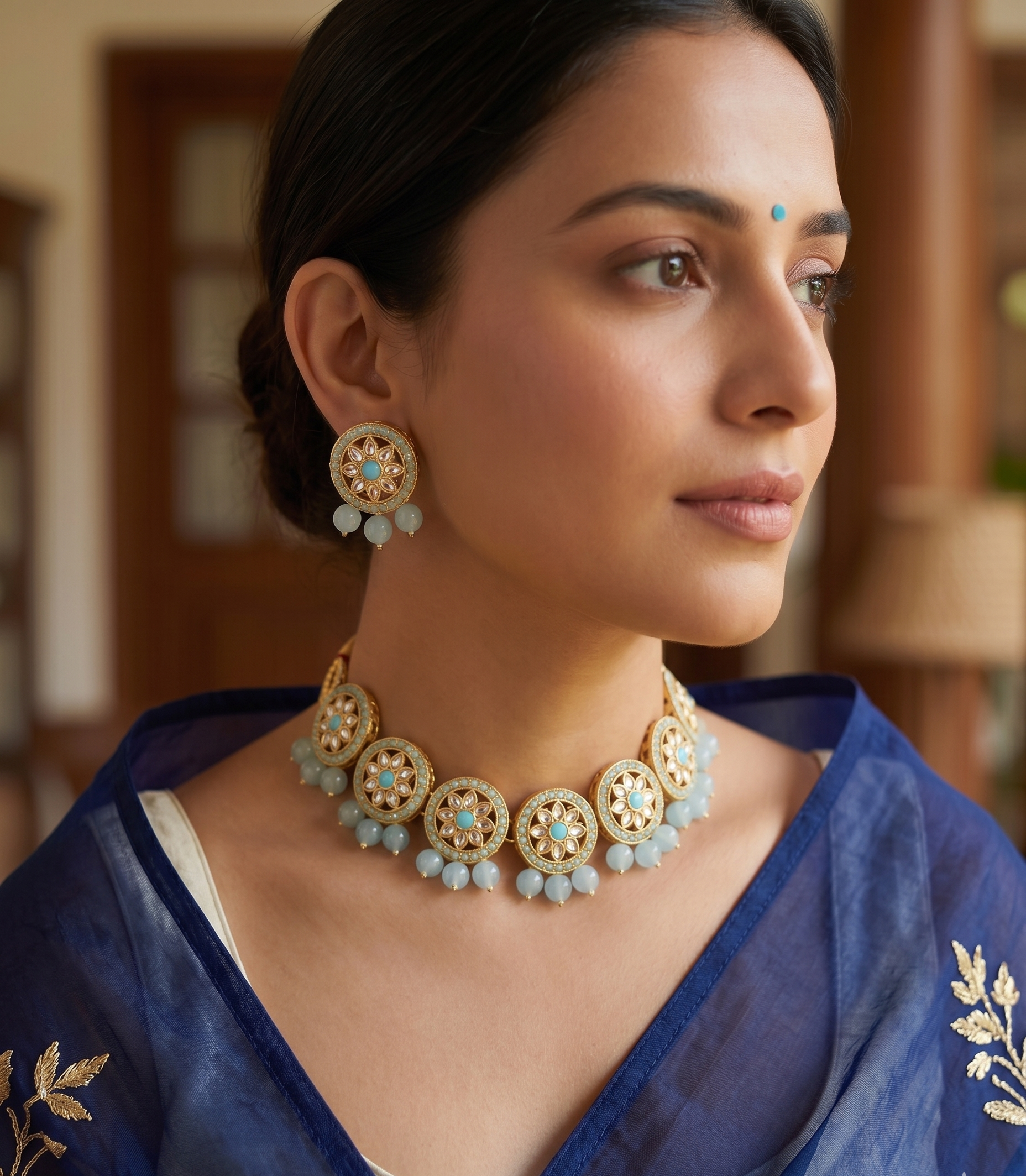 Nisha blue kundan choker set | Gold-Toned Circular Floral Jewellery Set with Turquoise Beads, Necklace, Earrings, Maang Tikka and Ring