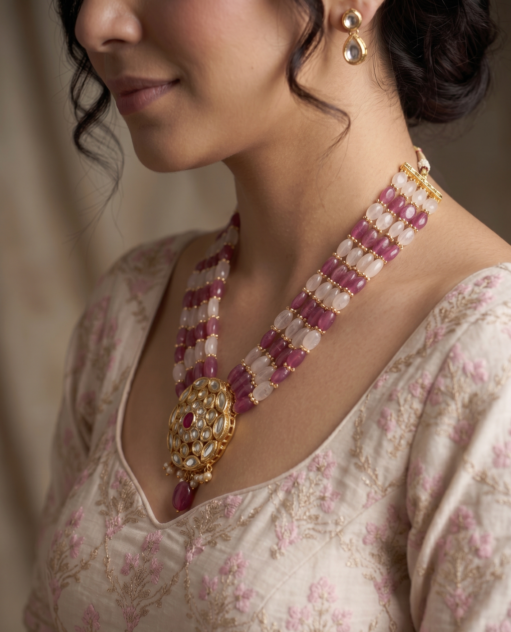 Kundan Pendant Necklace with Ruby and Pearl Beads, Multi-Strand, Gold-Toned, Traditional Indian Style