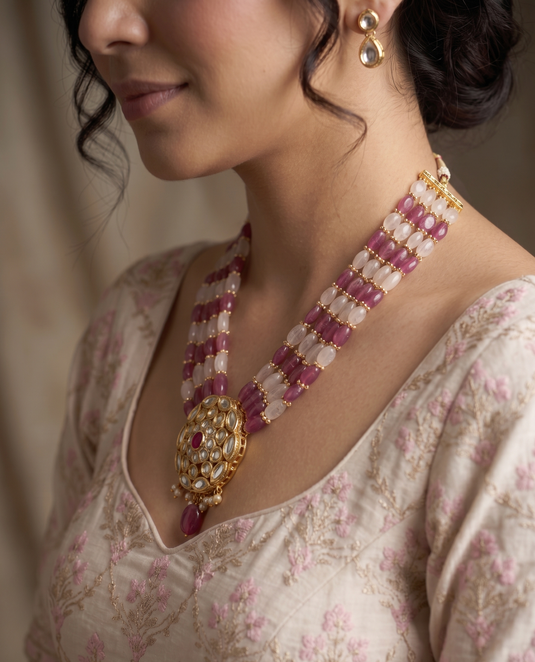 Kundan Pendant Necklace with Ruby and Pearl Beads, Multi-Strand, Gold-Toned, Traditional Indian Style