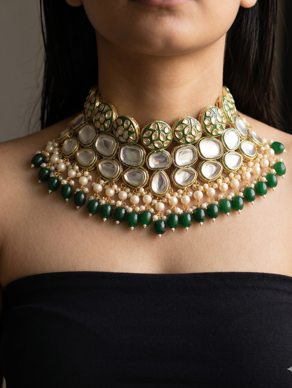 Ravina kundan semi bridal choker necklace set | Kundan Choker Necklace Set with Jhumka Earrings, Green and Gold, Pearl Beads, Bridal