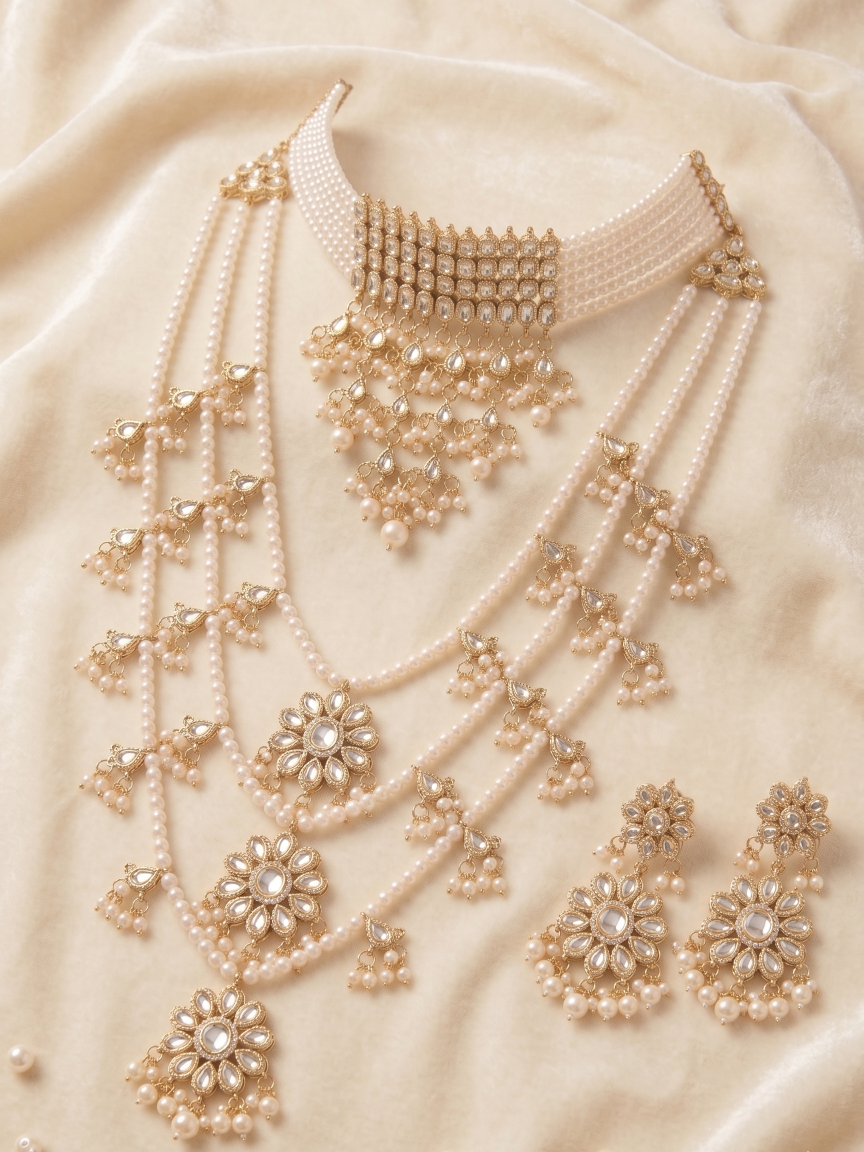 Chinnama Kundan Choker Necklace and Long Necklace Set with Multilayer Pearl Strands, Floral Earrings, Gold Tone Bridal Jewellery | Set of two (2) necklace sets