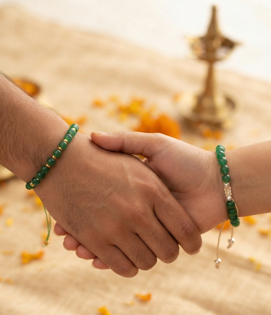 TNT designs Handmade Green Aventurine Rakhi and Bracelet Combo for Bhai and Bhabhi - Rakshabandhan Rakhi Set with Adjustable Thread for Brother & Sister-in-Law