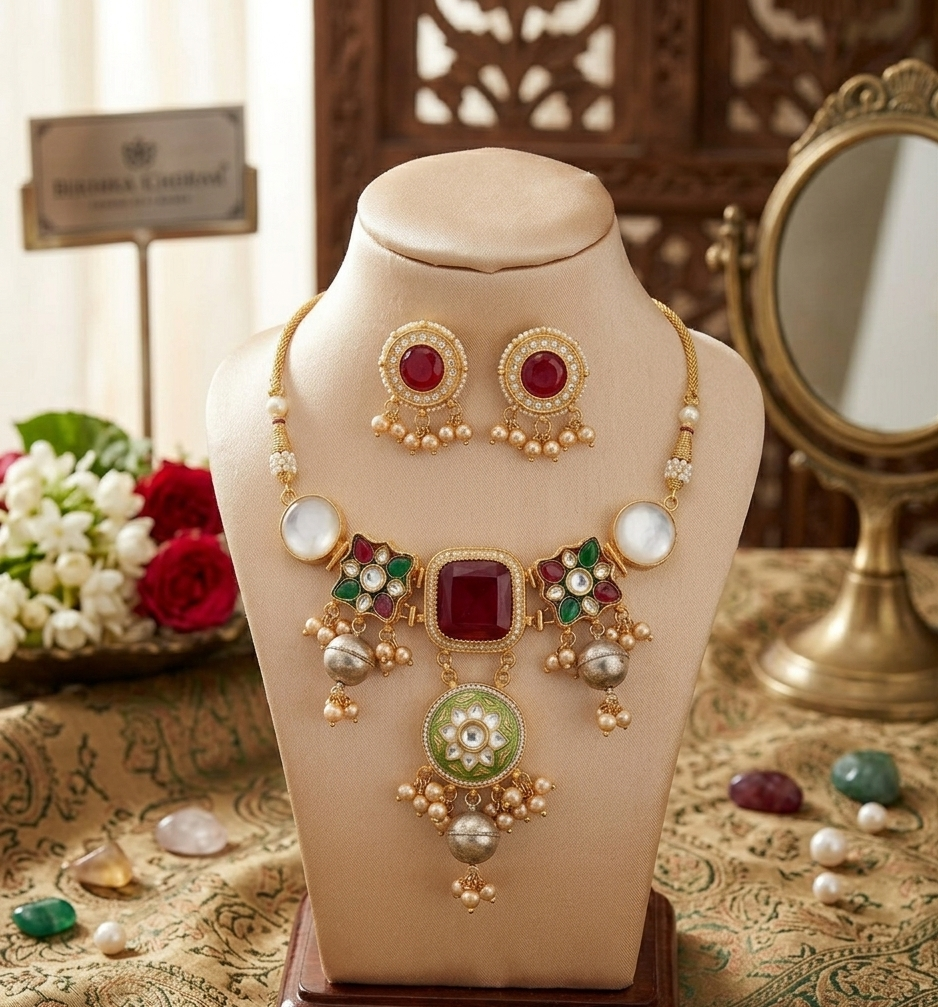 Kashmiri brass choker set - Maroon color
