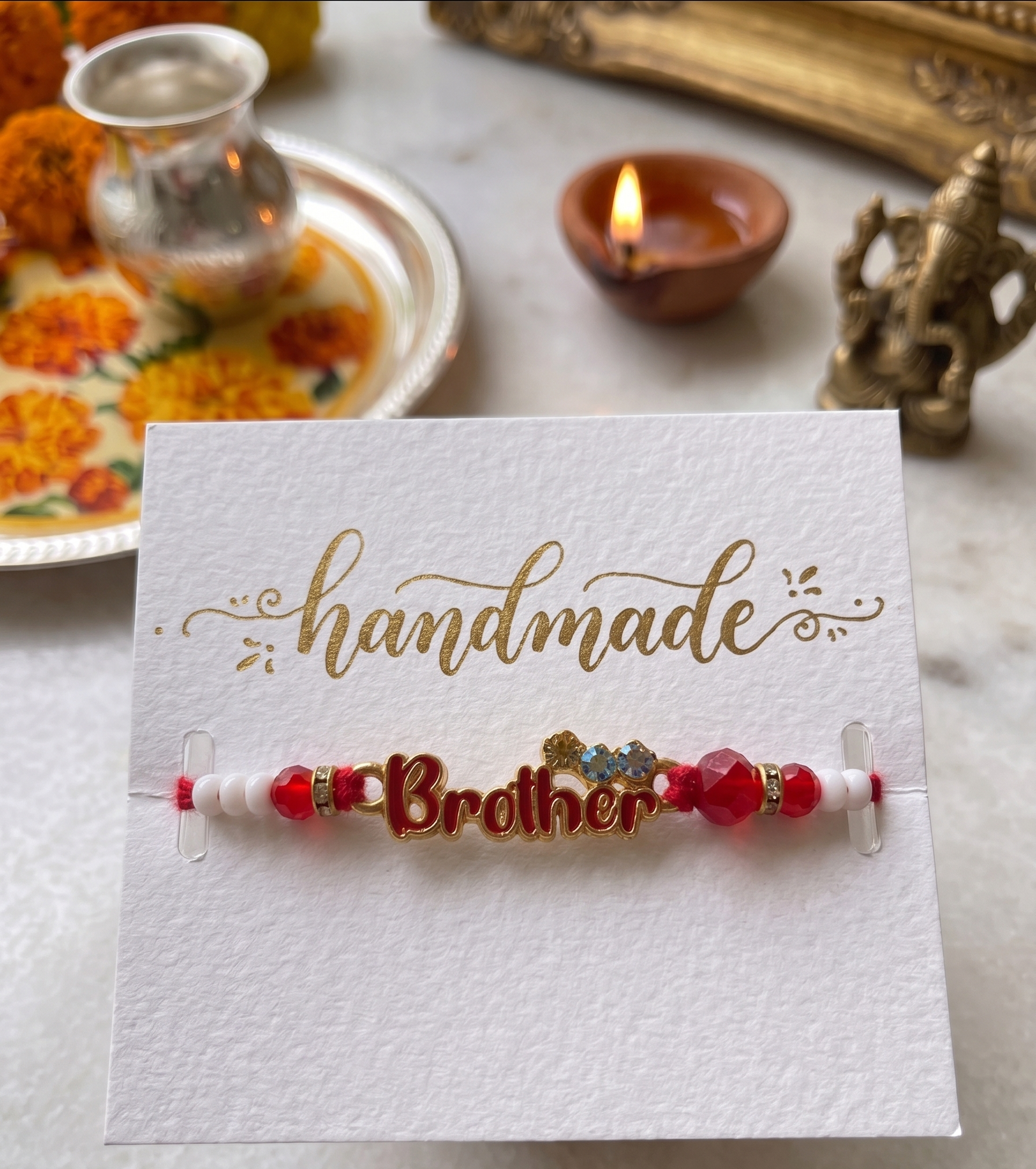 TNT -Design Handmade Red & White Beaded "Brother" Rakhi