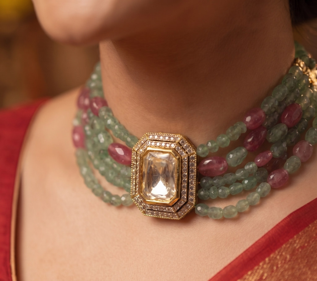 Elegant Green & Ruby Multi-Strand Necklace