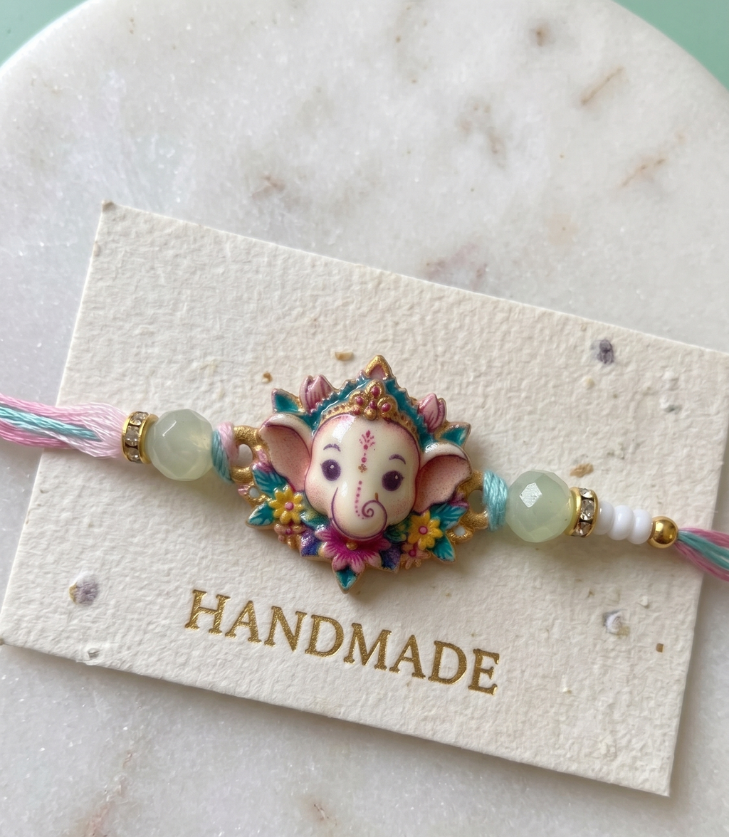 Handmade Ganpati Rakhi for Brother & Kids - Designer Ganesha Pearl Thread for All Age Groups (Bhaiya, Toddlers & Adults) with Premium Mint Beads