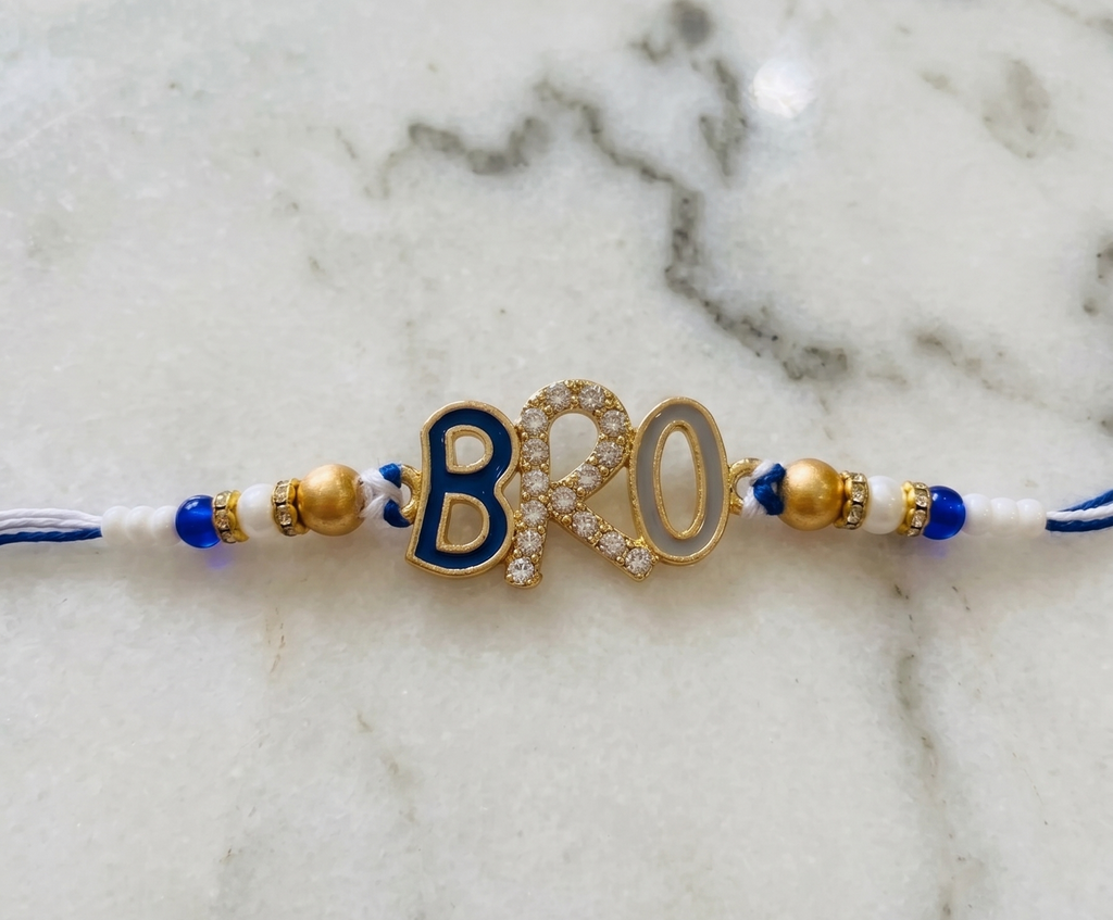 TNT Designs Stylish BRO Letter Rakhi for Brother | Navy Blue Gold Twisted Thread Rakhi with Bead Accents | BRO Design for Brother with Diamond Studded Letters