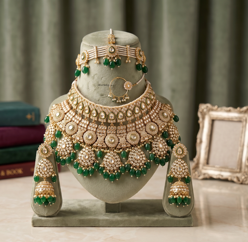 Katyayani bridal necklace set | Kundan Bridal Necklace Set with Jhumka Earrings, Nath and Sheeshpatti, Gold-Toned, Green Beads, Traditional Indian Style