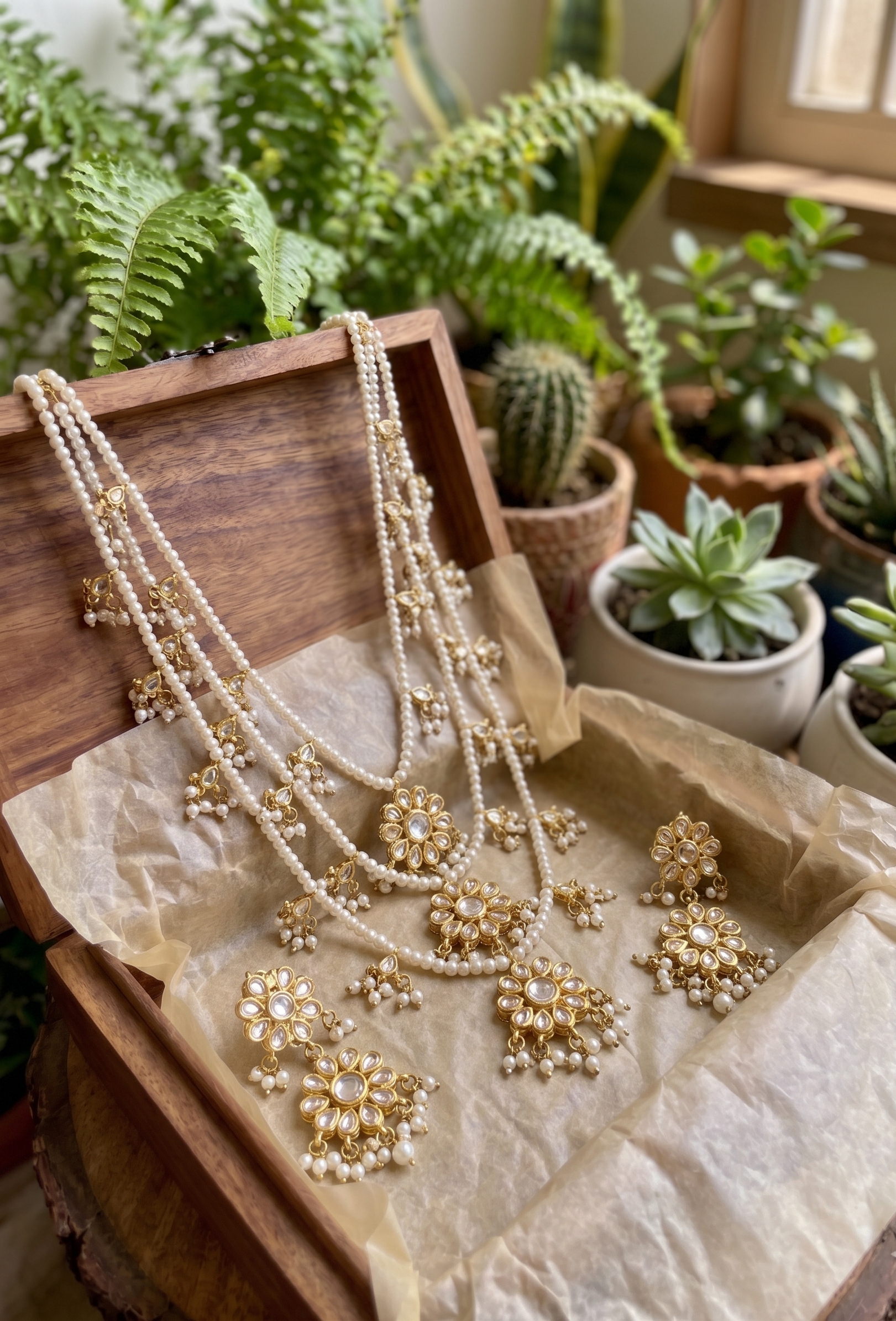 Aisha Kundan Jewellery Set with Pearl Beaded Necklace and Earrings, Gold Tone, Floral Design| Three layered necklace