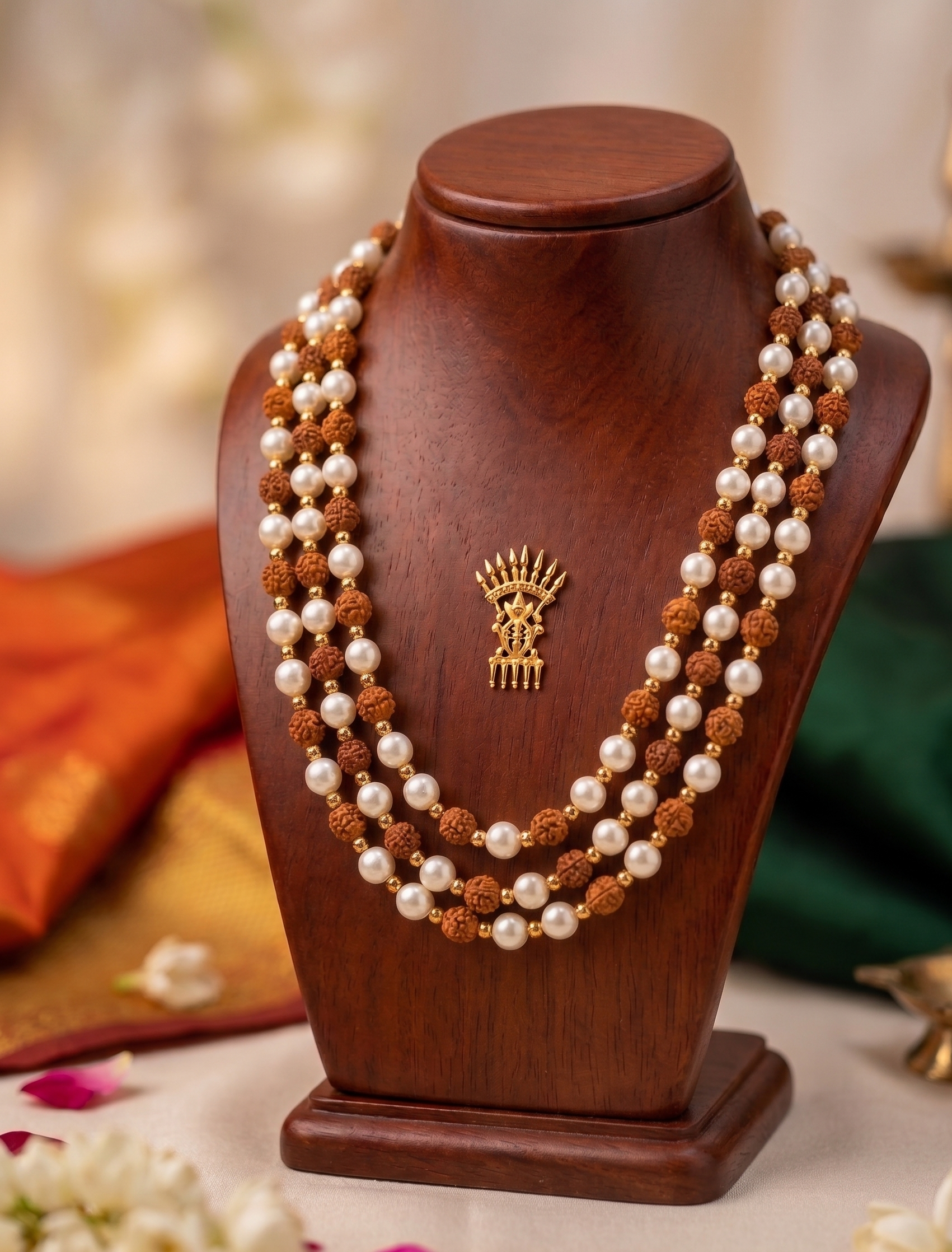 Rudraksh and pearl long neckline | Triple Strand Rudraksha and Pearl Beaded Necklace, Traditional Indian Style