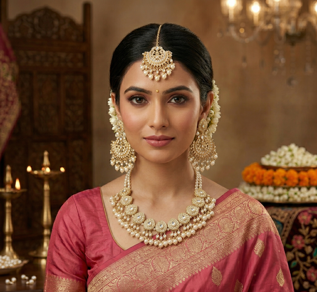 Nayantara kundan necklace set with earrings and teeka