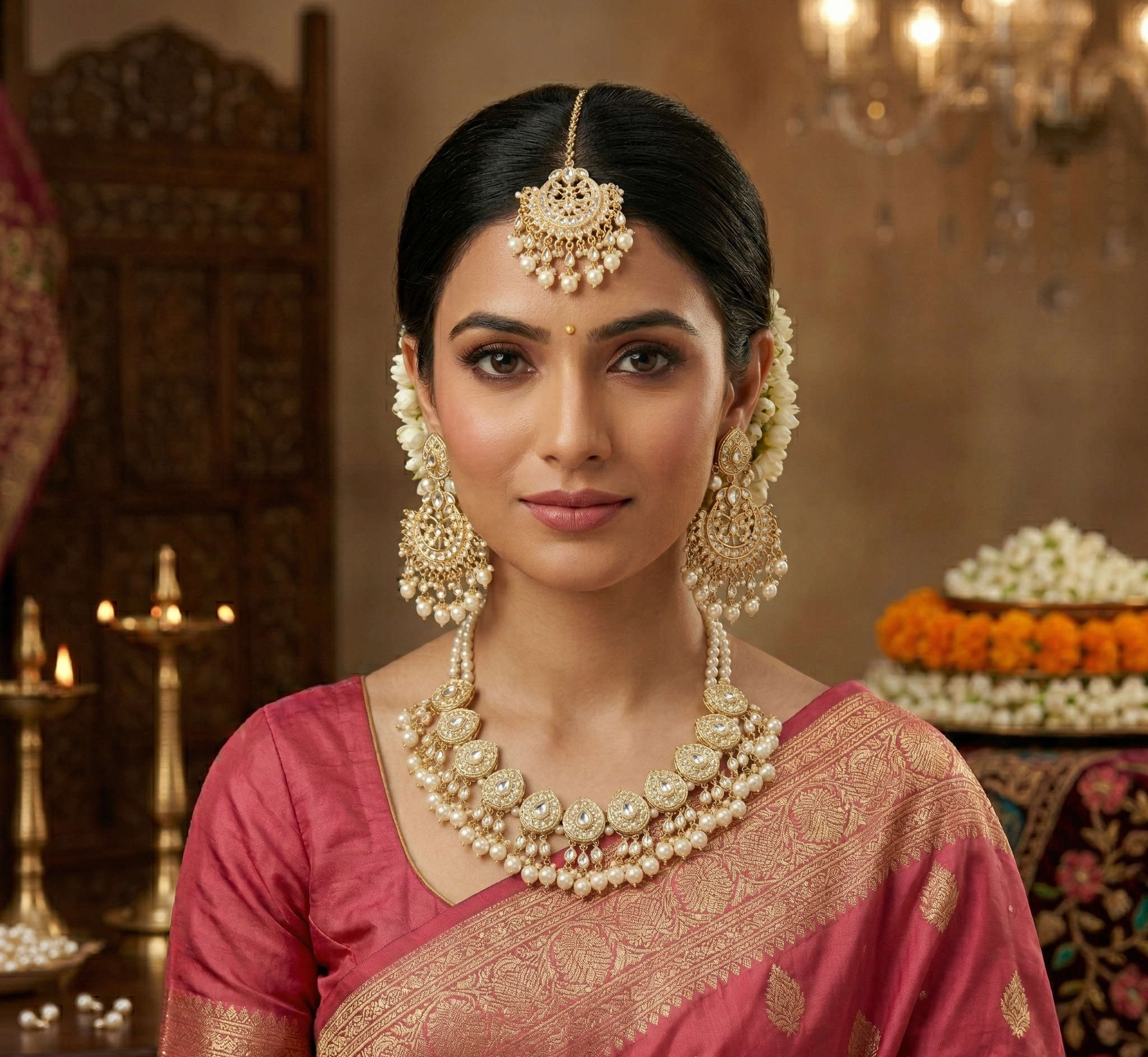 Nayantara kundan necklace set with earrings and teeka