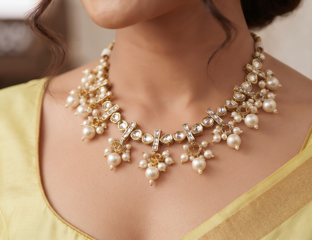 Elegant Gold-Tone Kundan Necklace Set with Pearl Drops