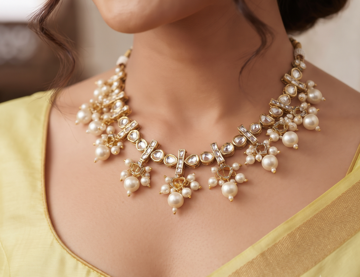 Elegant Gold-Tone Kundan Necklace Set with Pearl Drops