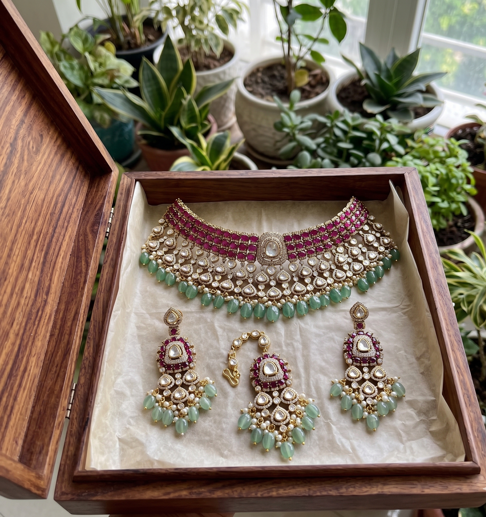Shagun Royal Mint Kundan Choker Set | Victorian bridal necklace set | Moissanite necklace set