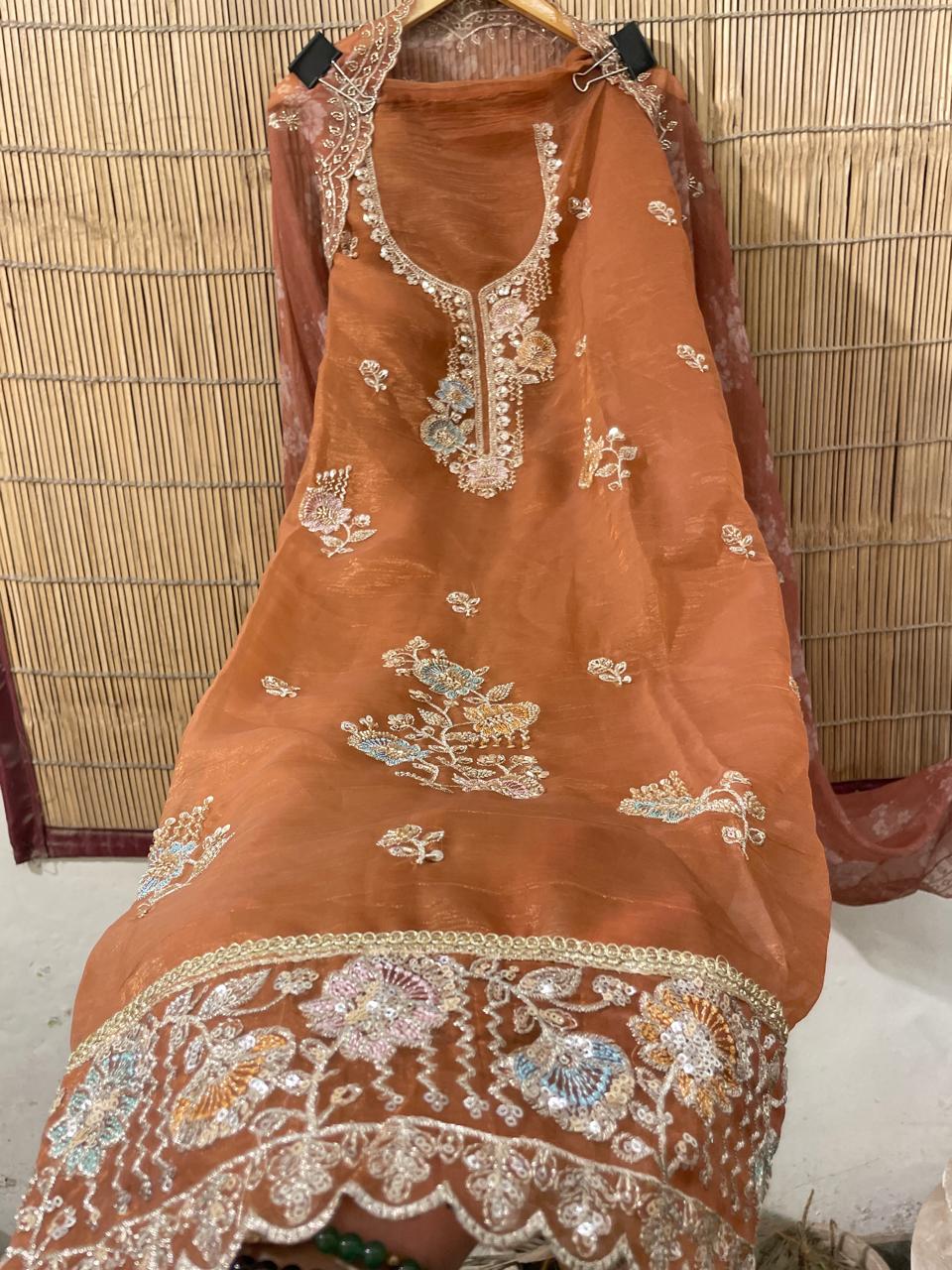Rust Orange Embroidered Designer Suit Set | Pure Crepe Unstitched Suit Fabric