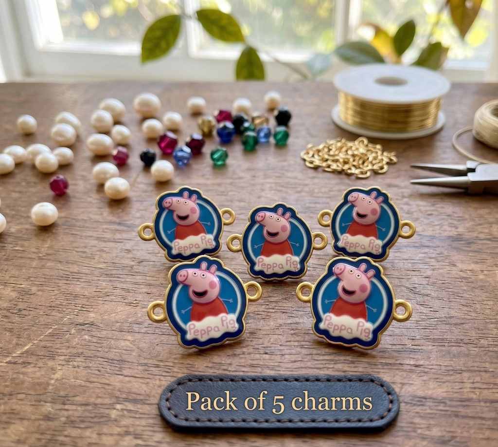 Peppa Pig metal Charms, Golden Tone, Round, DIY Jewellery Making Connectors, Set of 5