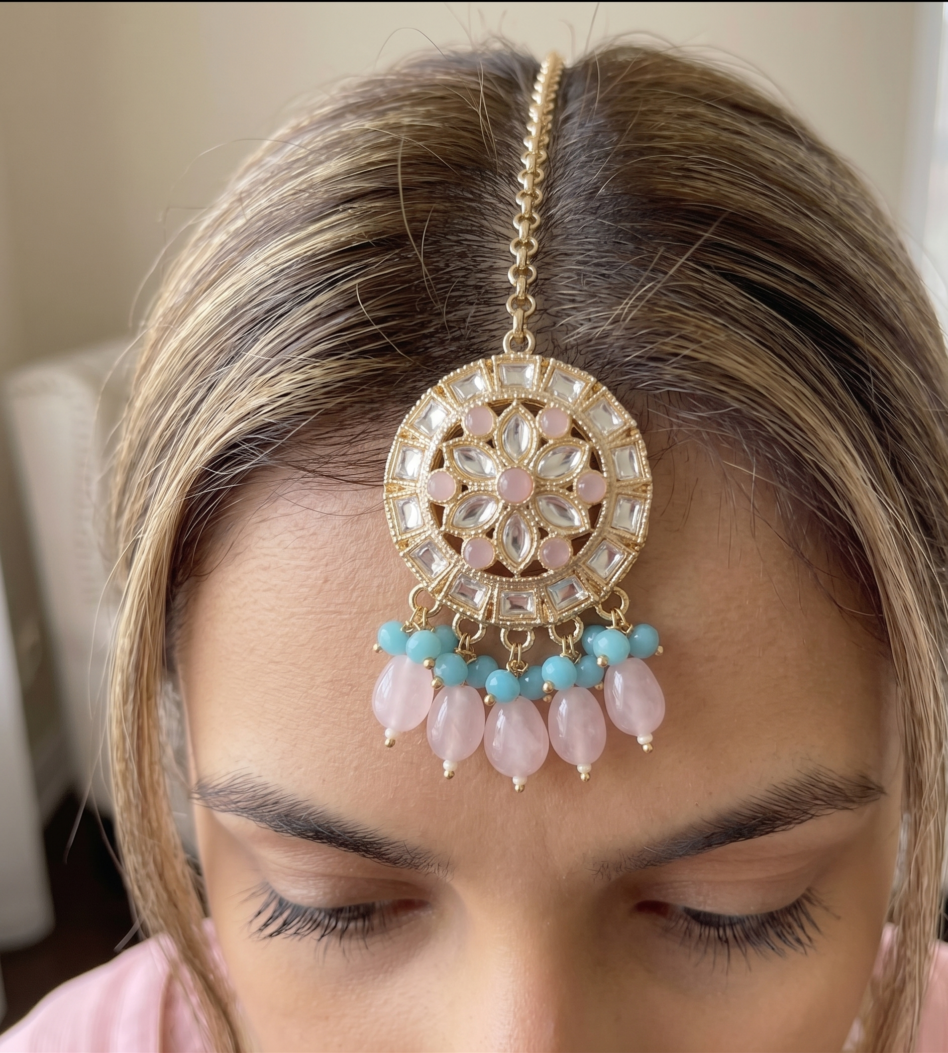 Maheshwari choker set | Gold-Toned Choker Necklace Set with Earrings and Maang Tikka, Pink and Blue Beads, Kundan Style