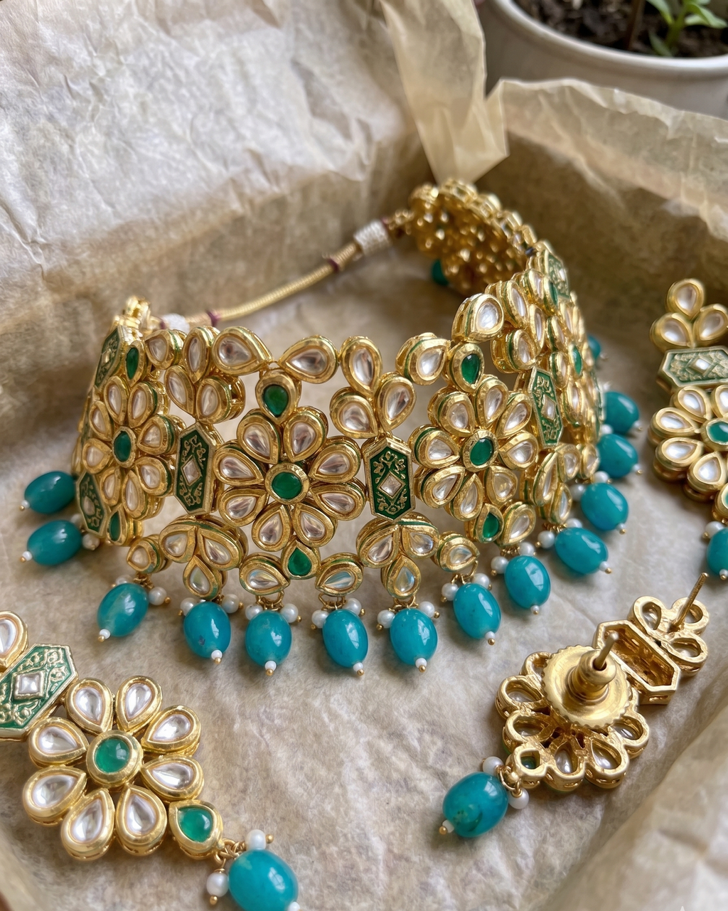 Ana kundan choker set | Kundan Choker Necklace Set with Earrings, Gold-Toned, Turquoise and Green Beads, Floral Design