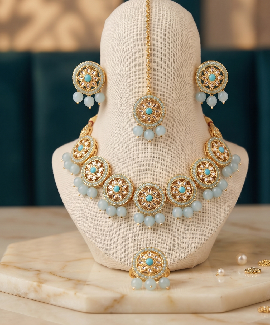 Nisha blue kundan choker set | Gold-Toned Circular Floral Jewellery Set with Turquoise Beads, Necklace, Earrings, Maang Tikka and Ring
