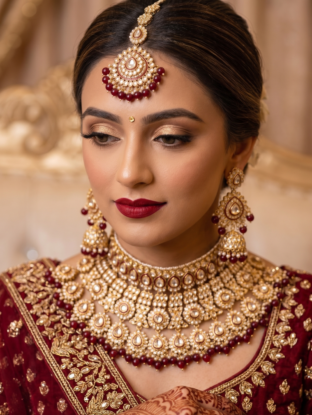 Lalitha bridal set | Bridal Kundan Choker Necklace Set with Jhumka Earrings, Gold-Toned, Maroon Beads, Traditional Indian Jewellery