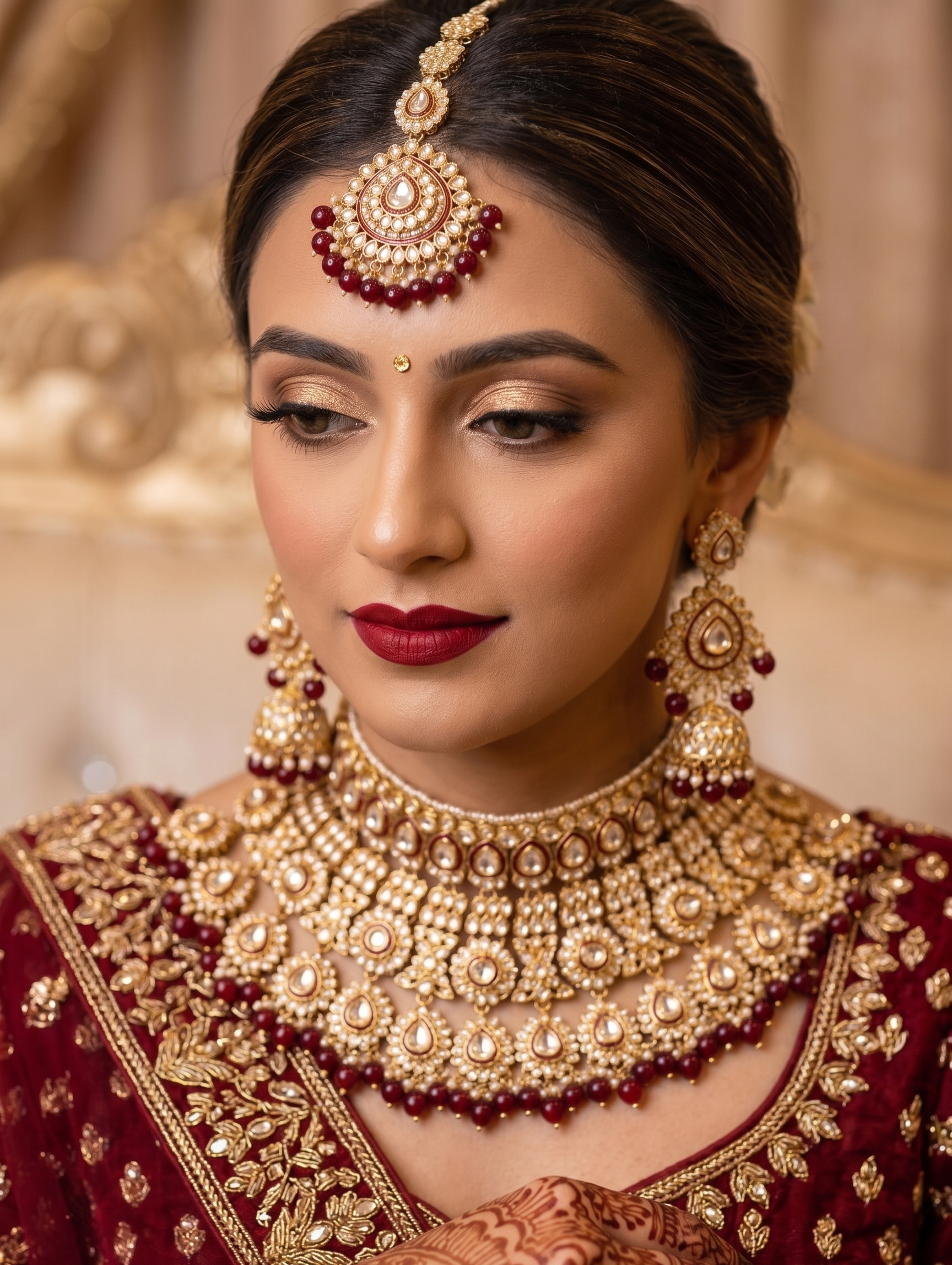 Lalitha bridal set | Bridal Kundan Choker Necklace Set with Jhumka Earrings, Gold-Toned, Maroon Beads, Traditional Indian Jewellery