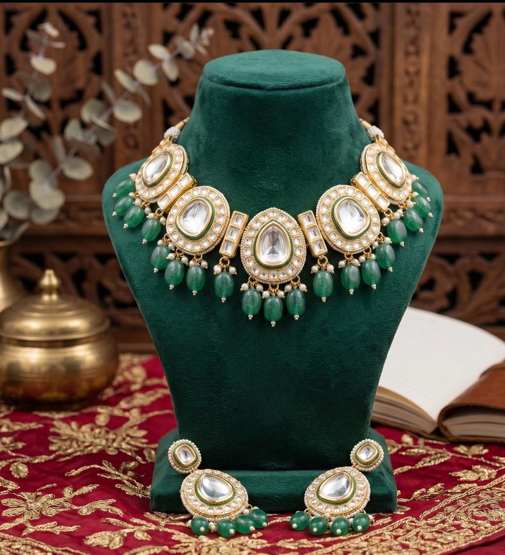 Kushmanda choker necklace set | Kundan Necklace and Earring Set, Gold-Toned with Green Beads, Pearl Embellished, Traditional Bridal Jewellery