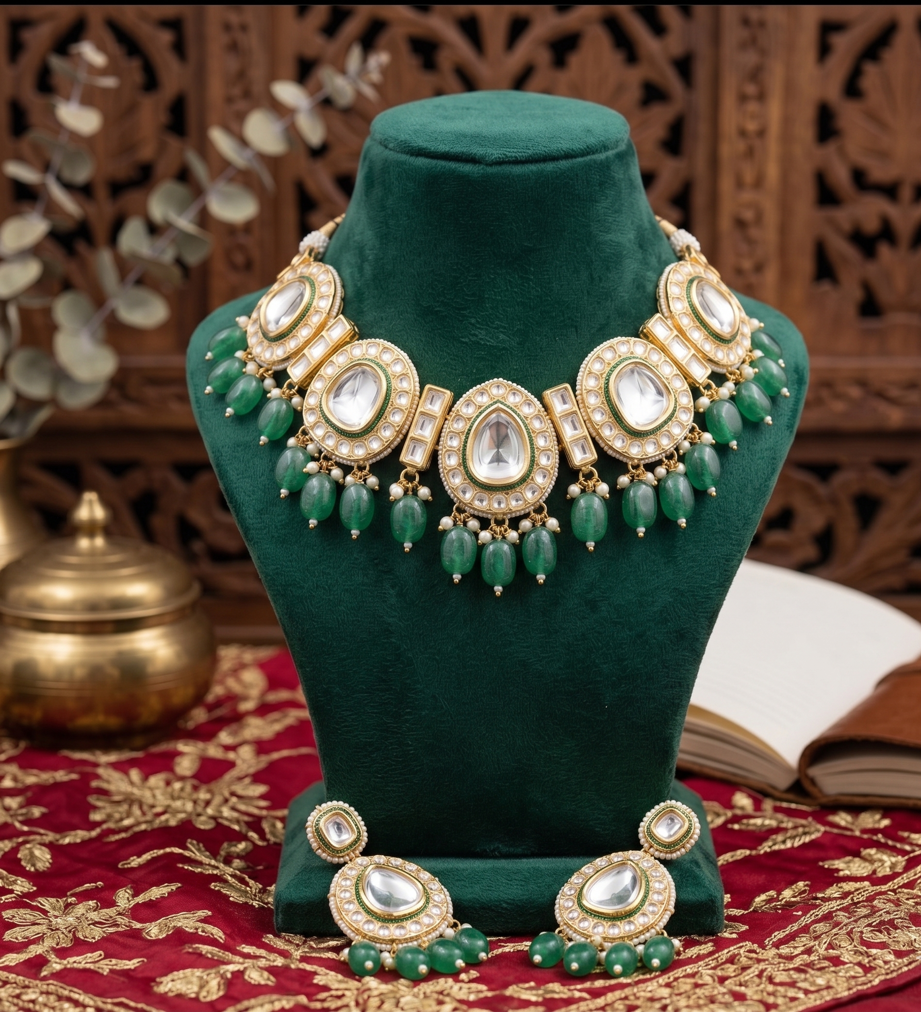 Kushmanda choker necklace set | Kundan Necklace and Earring Set, Gold-Toned with Green Beads, Pearl Embellished, Traditional Bridal Jewellery