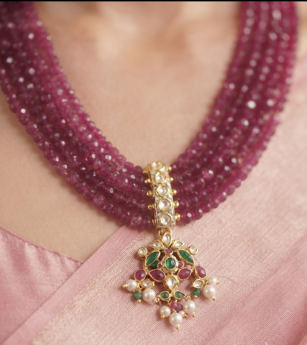 Kamya Royal Ruby Beaded Necklace Set with Kundan Pendant