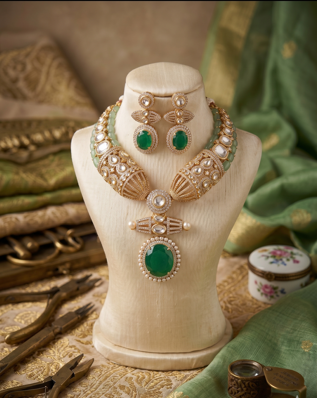 Karisma Kundan Necklace Set with Earrings, Green Stone, Gold-Toned, Bridal Indian Jewellery
