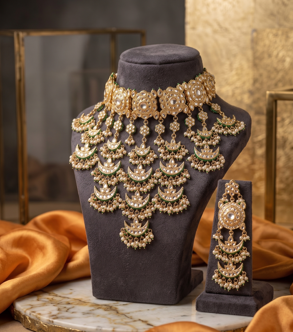 Rashmika choker bridal set | Traditional Kundan Bridal Choker Necklace Set with Earrings, Gold-Toned, Pearl Drops, Meenakari Work