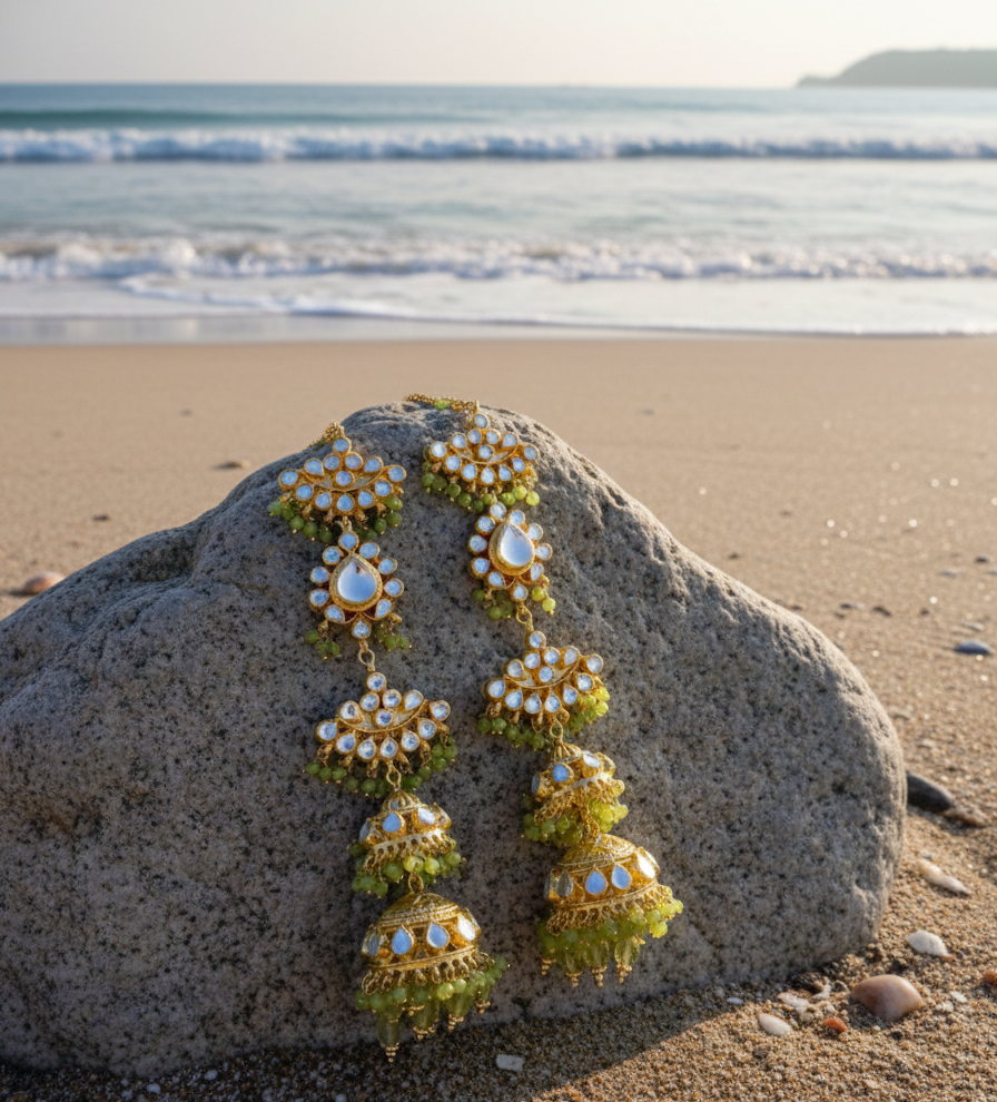 Green jhumar earrings with kaanchain