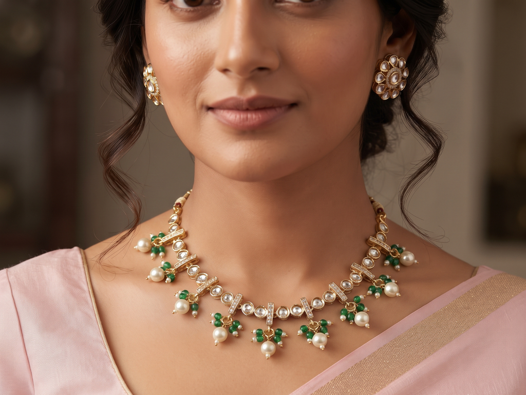 Elegant Green Beaded Kundan Necklace Set with Pearl Drops