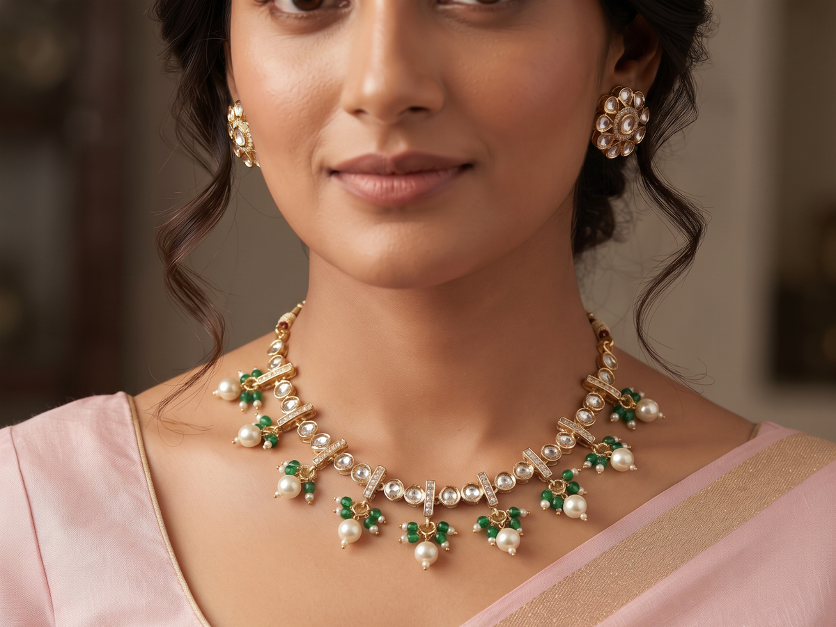 Elegant Green Beaded Kundan Necklace Set with Pearl Drops