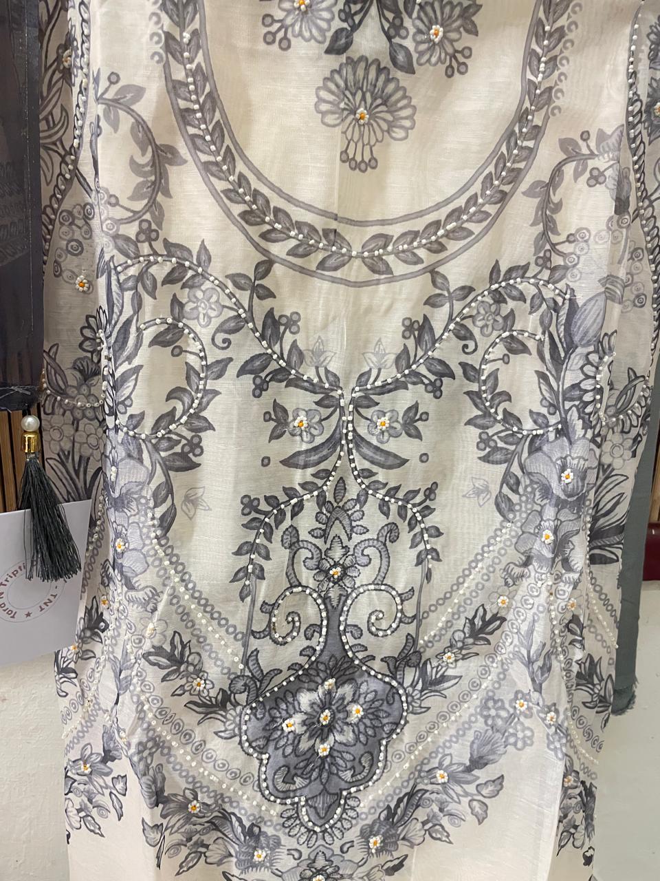Elegant Ivory & Grey Floral Printed Suit Set | Unstitched Suit Fabric