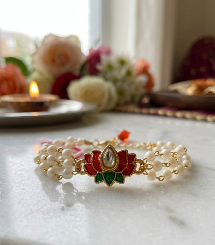 Lotus Rakhi and Lumba Set, Kundan Meenakari with Pearl Chain, Couple rakhi set for bhai and bhabhi