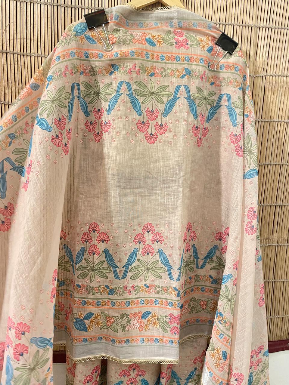 Ivory Floral & Peacock Embroidered Suit Set | Unstitched Suit fabric