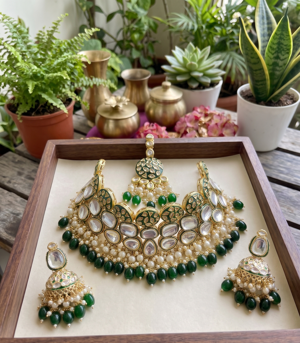 Ravina kundan semi bridal choker necklace set | Kundan Choker Necklace Set with Jhumka Earrings, Green and Gold, Pearl Beads, Bridal