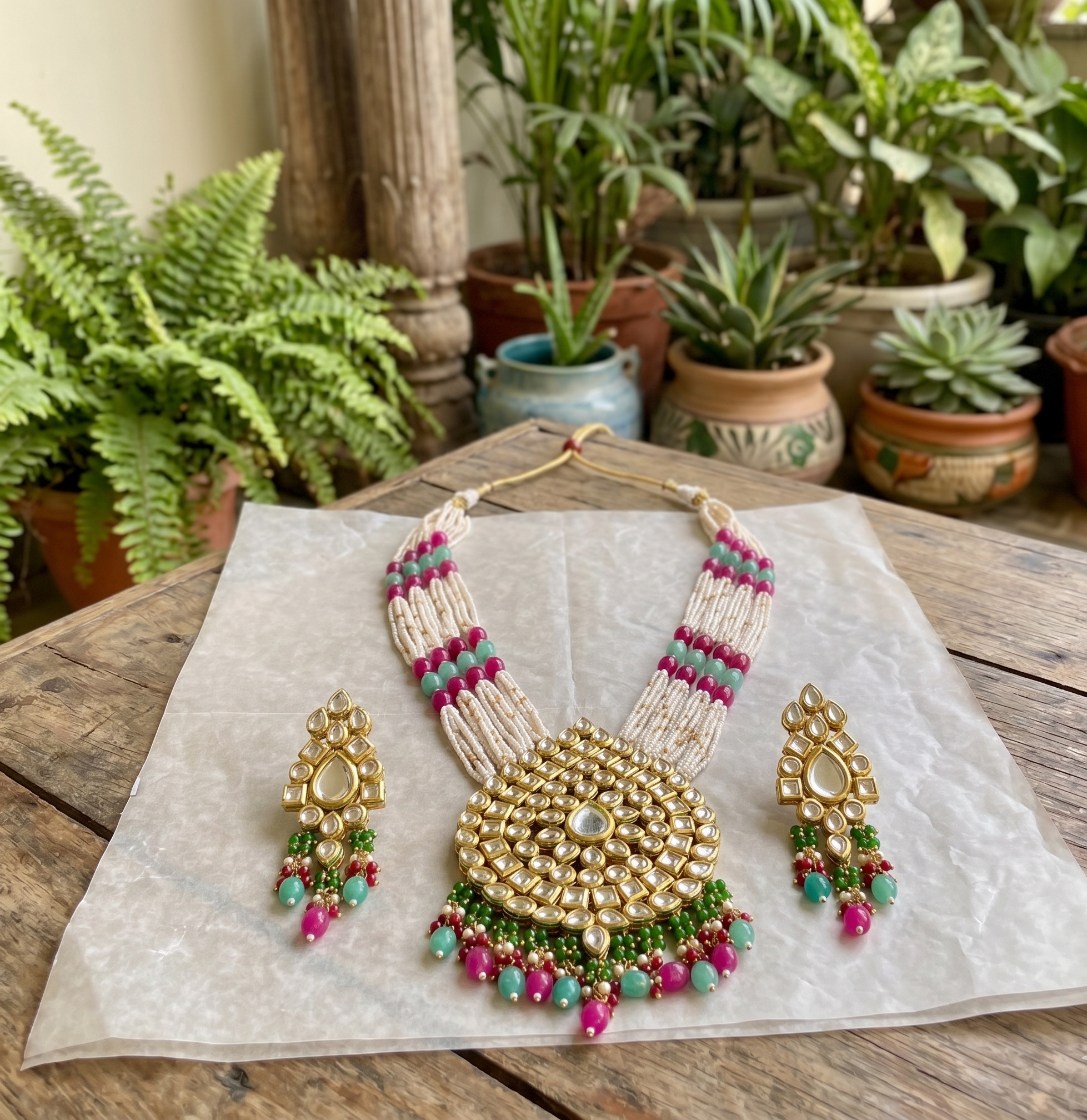 Sheetla long kundan necklace set | Kundan Pendant Necklace Set with Pearl Beads, Red and Green Drops, Earrings Included