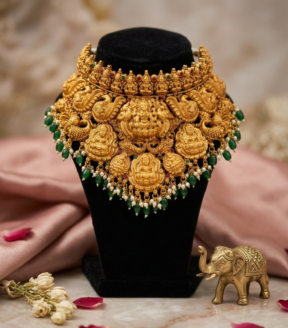 Aishwarya bridal set- Temple jewellery Lakshmi Choker Necklace Set with Jhumka Earrings, Gold Tone, Green Beads and Pearl Drops