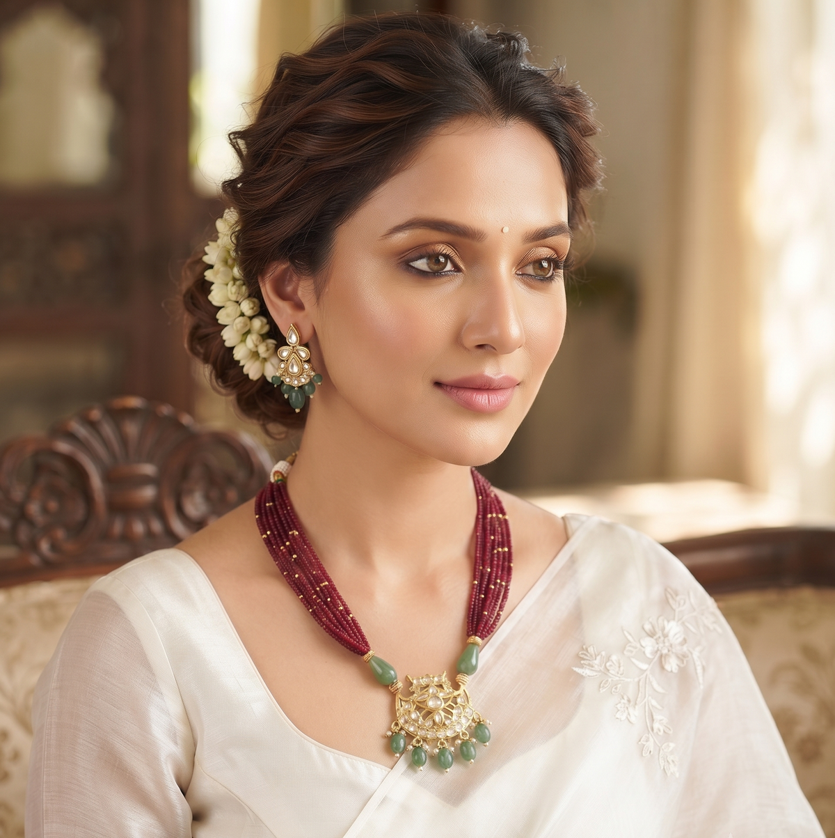 Dhaani Elegant Ruby & Green Beaded Necklace Set | Long kundan necklace