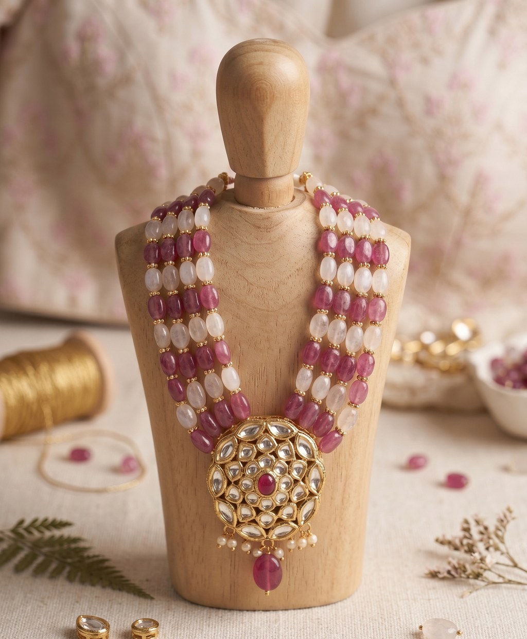 Kundan Pendant Necklace with Ruby and Pearl Beads, Multi-Strand, Gold-Toned, Traditional Indian Style